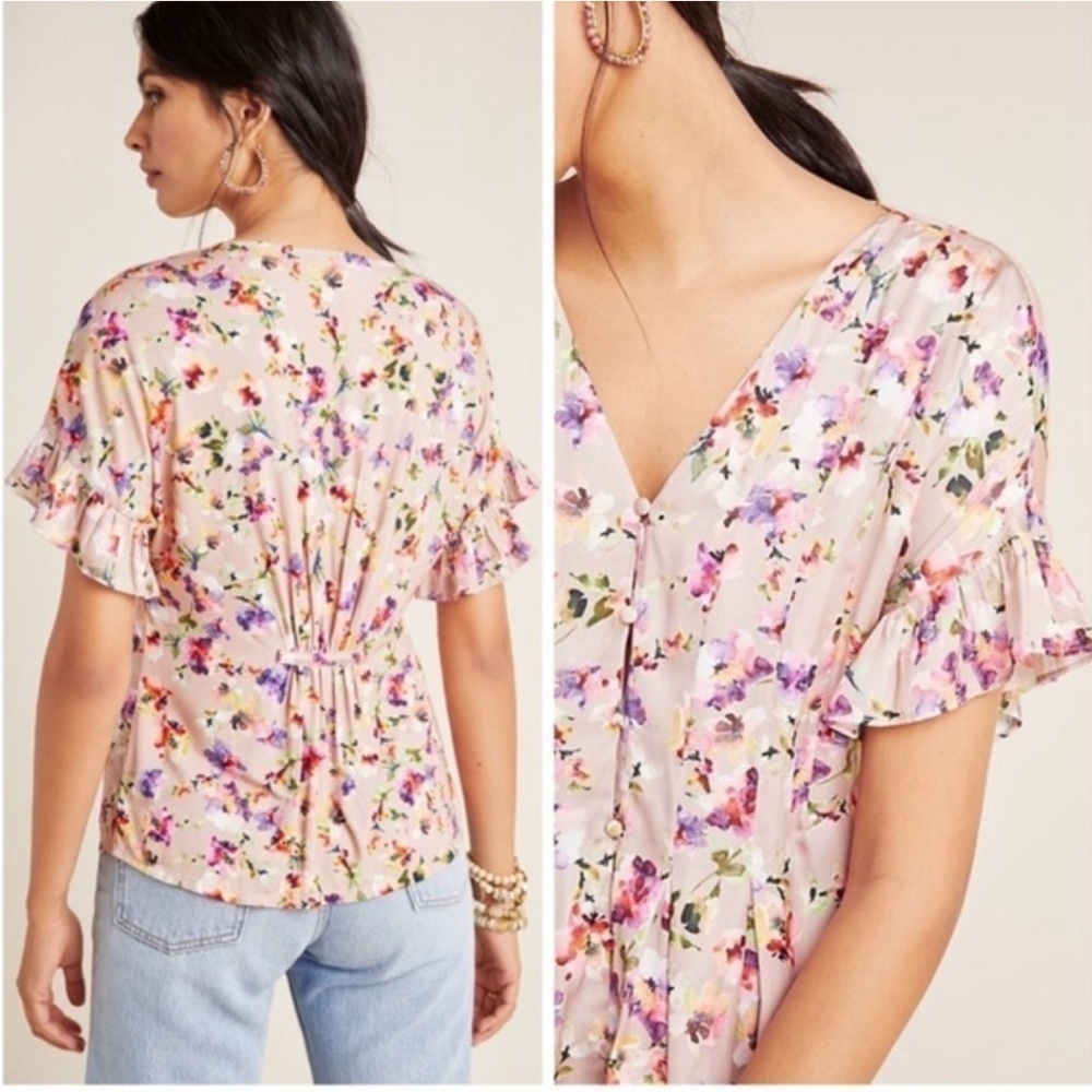 Anthropologie Pink Floral Ruffle-Sleeve Blouse